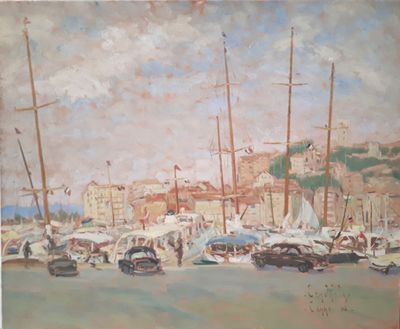 une peinture de bateaux dans un port avec des bâtiments à l'arrière-plan