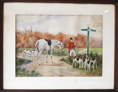 painting of a man with a horse and hounds on a country road