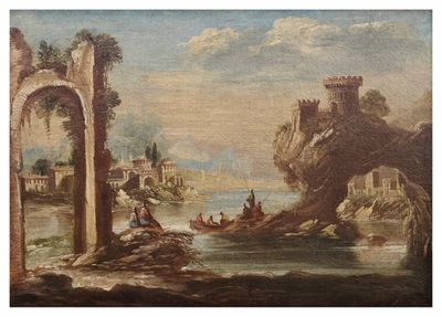 an image of a painting of people on a boat in a river