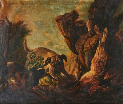 une peinture à l'huile représentant un homme et un chien dans un paysage