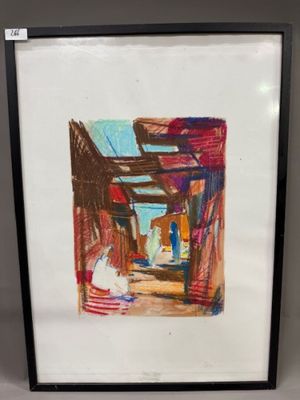 L TURC - Vue d'une kasbah Technique mixte crayon gras et aqu…