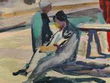 painting of a man and woman sitting on a bench in a park