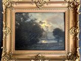 une image d'un tableau représentant un coucher de soleil sur une étendue d'eau