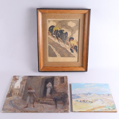 deux tableaux encadrés représentant des personnes et un tableau représentant un homme