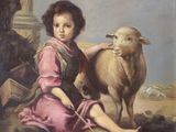 painting of a young boy kneeling down with a sheep in his lap