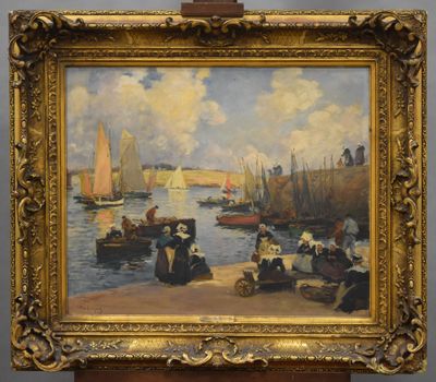 painting of a group of people sitting on a beach next to a body of water