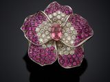 a pink sapphire and diamond flower broochle