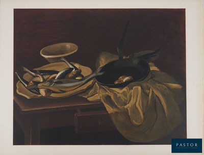 un tableau représentant un oiseau posé sur une table, à côté d'une assiette de poisson