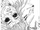 un dessin en noir et blanc représentant un crâne aux cheveux longs