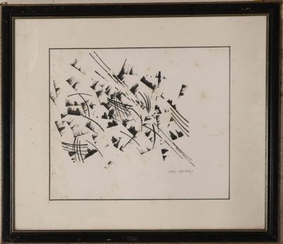 a black and white drawing of a group of birds flying in the sky