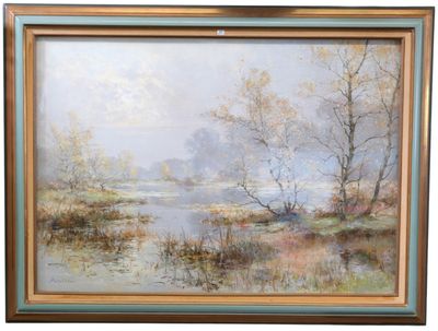 l'image d'une peinture représentant une rivière avec des arbres en arrière-plan