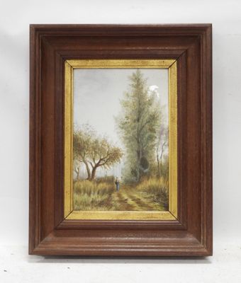 a painting of a landscape with trees and a person in the distance