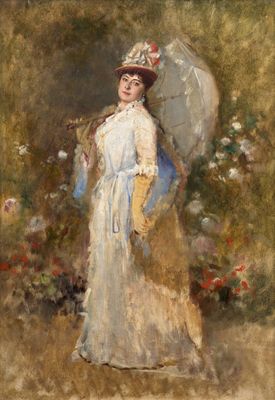 tableau représentant une femme en robe blanche et chapeau, tenant un parapluie