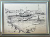 dessin représentant un bateau dans un port, avec d'autres bateaux dans l'eau