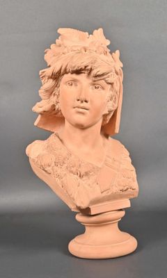 a close up of a bust of a woman wearing a hat
