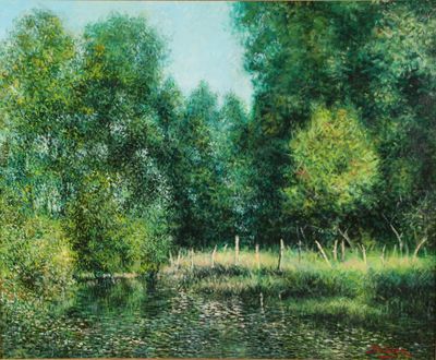 peinture représentant une rivière avec des arbres en arrière-plan