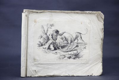 an old book with a drawing of a man and a dog on it