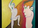 tableau représentant un homme et une femme debout devant un fond jaune