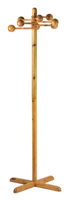 a wooden coat stand with three wooden balls on it