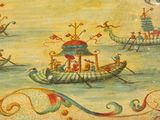 a painting on the wall of a boat with people in it
