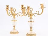pair of antique brass and glass candelabs on stands