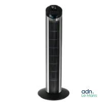 an image of a black tower fan sitting on top of a table