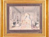 une image représentant un tableau d'une pièce avec une cheminée et un lustre