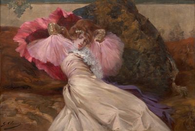 an image of a painting of a woman in a pink dress laying on a couch