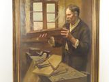 tableau représentant un homme tenant un morceau de bois devant une fenêtre