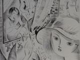 dessin au crayon représentant une femme regardant un homme dans un miroir