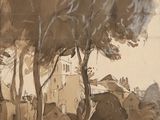 dessin représentant un parc avec des arbres et un banc au premier plan