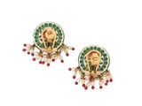 a pair of gold and green earrings with pearls