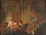 painting of a group of people sitting around a table in a room