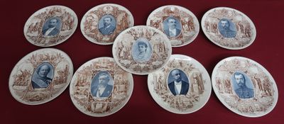 six brown and white plates with portraits of people on them