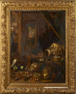 an image of a painting of a still life with a man in the background