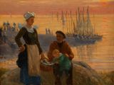 painting of a woman and a man with a child on a rocky shore