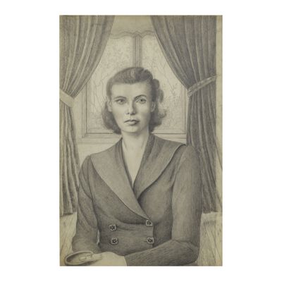 drawing of a woman in a suit sitting in front of a window