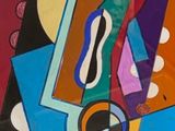 peinture abstraite aux couleurs vives accrochée au mur d'une vitrine