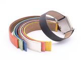 multicolored leather belt with metal buckle on white background