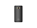the back of a black cell phone on a white background