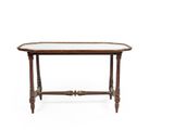a small table with a glass top and wooden legs