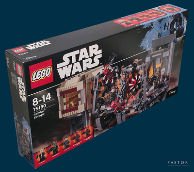 une boîte contenant des sets Lego Star Wars sur fond bleu