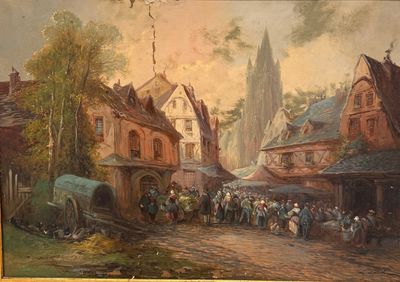 L. LOUVET, Scène de marché à Rouen ?, huile sur toile (accid…