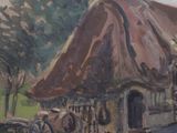 a painting of a horse drawn carriage in front of a building