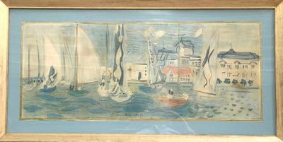 a picture of a painting of boats in the water