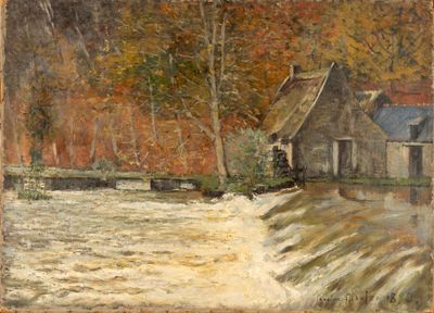 an oil painting of a river with a house in the background