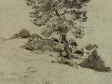 un dessin représentant un arbre solitaire sur une colline enneigée