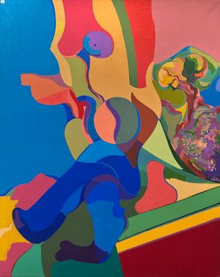 brightly colored abstract painting of a woman sitting on a bench