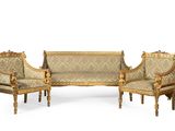 three pieces of furniture sitting on top of a white surface