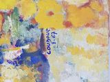a painting of yellow flowers in a vase on a table